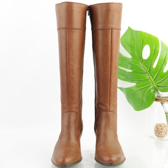 Born Women Mallory Riding Boots Size 8 Tall Cognac Leather Block Heel Elegant - Picture 2 of 16